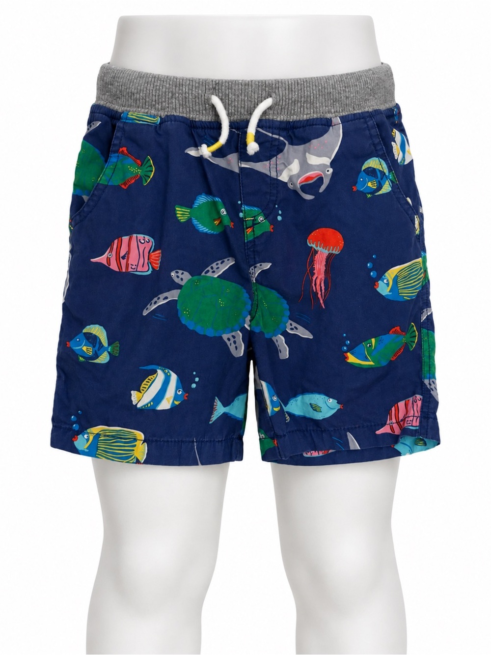 Mini Boden Navy Ocean Print Shorts with Gray Waistband